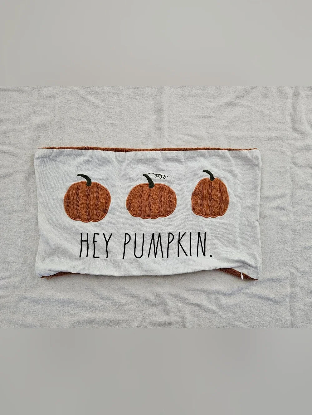 Rae Dunn Hey Pumpkin Lumbar Pillow Cover Cable Knit Applique Orange Fall